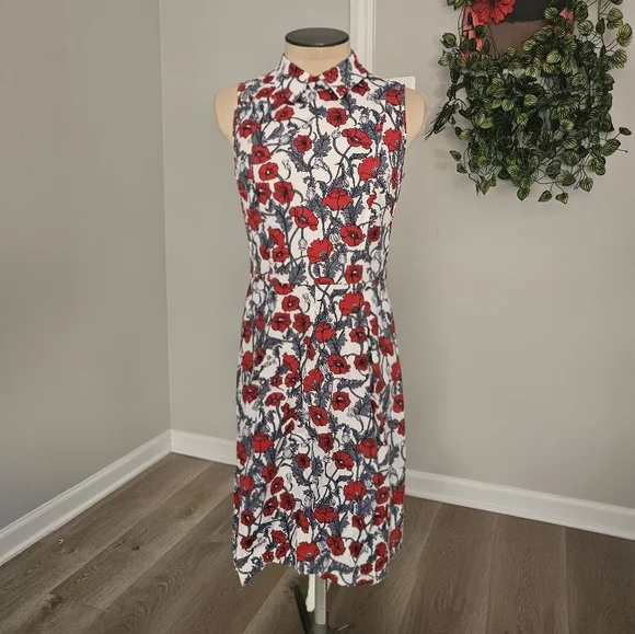 Brooks Brothers  Red Fleece Red and Blue Floral Midi Dress Sz 4 - Picture 2 of 7